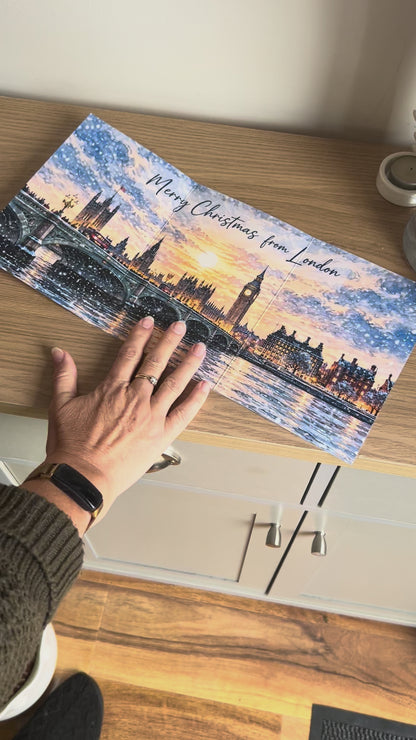 Demonstration Video for the Bare Cards self-sealing Trifold London Christmas Card showing how to write, fold, seal, open and display your card
