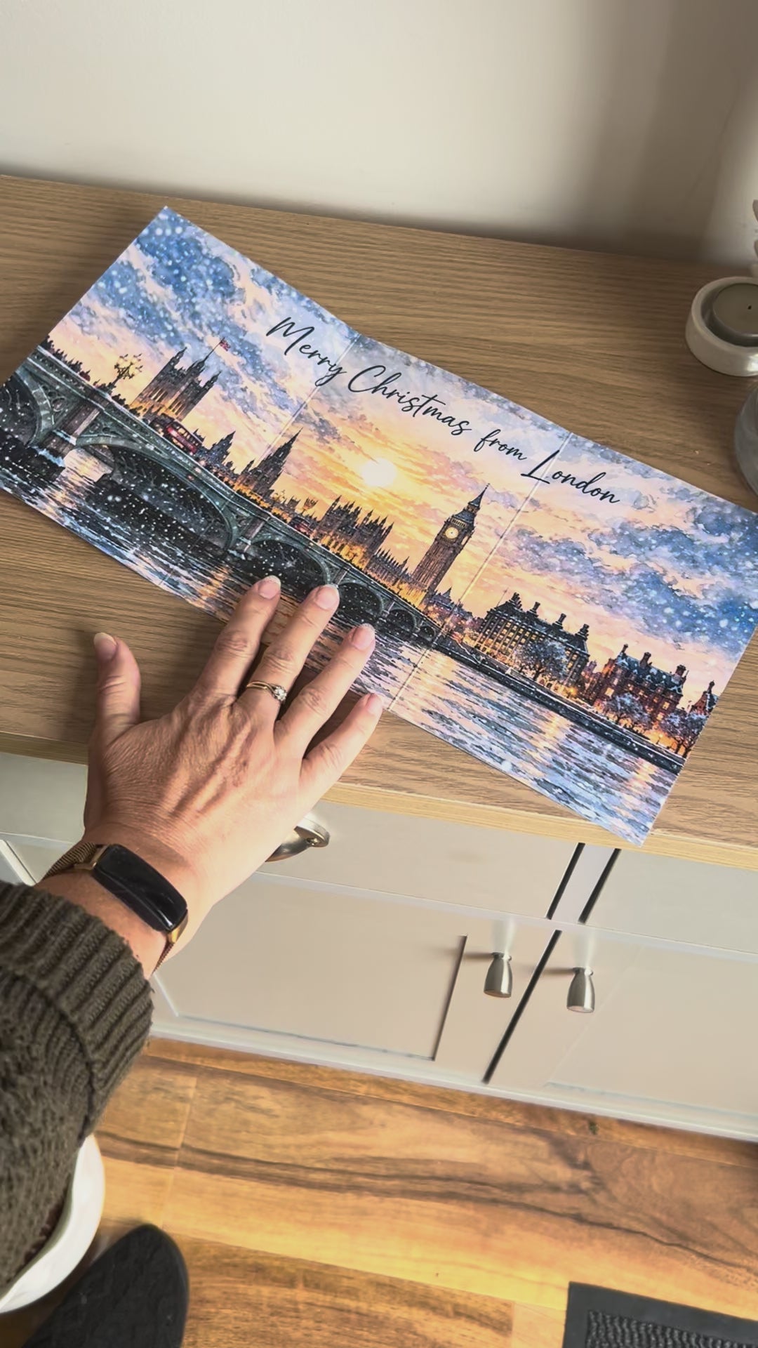 Demonstration Video for the Bare Cards self-sealing Trifold London Christmas Card showing how to write, fold, seal, open and display your card