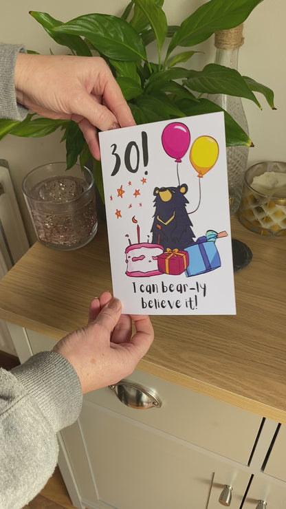 Funny 30th Birthday Card with Moon Bear Design and Bear Jokes