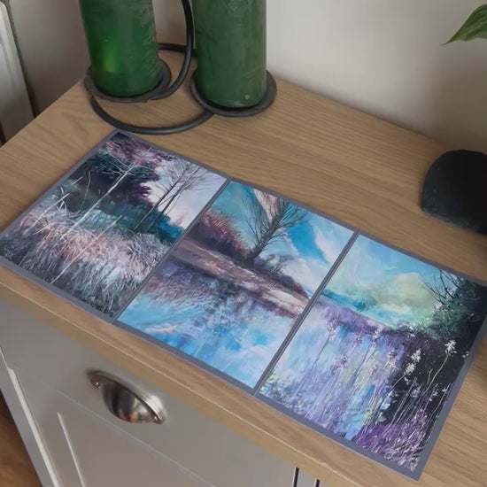 Video shows the self-sealing greetings card from Bare Cards from the John L Harris Collection - a trifold card showing paintings of British Landscapes - A touch of Purple. The Video shows how to fold, seal and write your card.