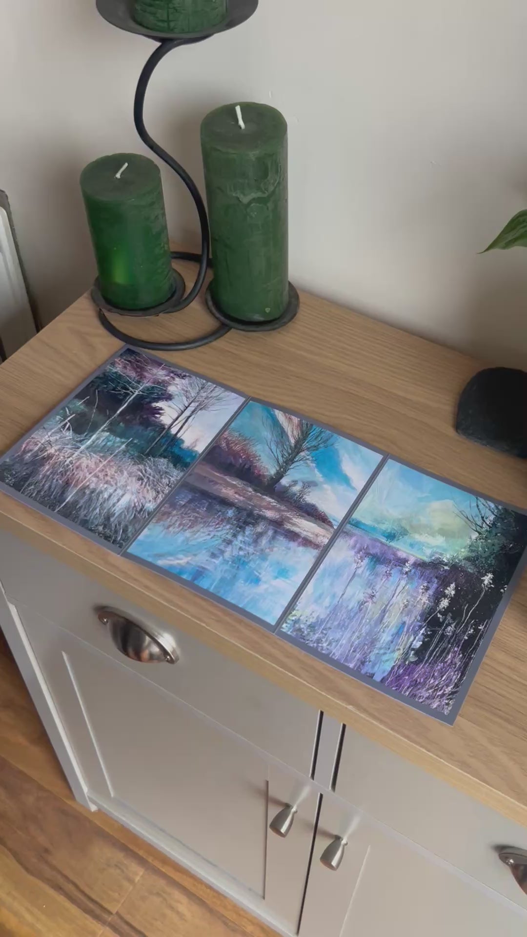 Video shows the self-sealing greetings card from Bare Cards from the John L Harris Collection - a trifold card showing paintings of British Landscapes - A touch of Purple. The Video shows how to fold, seal and write your card.