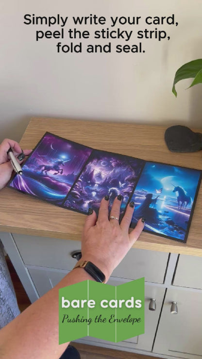 This video is a demonstration of how to use Bare Cards Portals of Wonder Cards which are a self-sealing range of cards that can be repurposed as Artwork to hang on your wall once enjoyed as a greetings card. The video shows how to write, fold, seal and display your card and finishes with it being displayed in a frame on the wall.