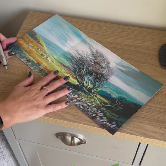 This video is a demonstration of how to use Bare Cards John L Harris Collection Cards which are a self-sealing range of cards that can be repurposed as Artwork to hang on your wall once enjoyed as a greetings card. The video shows how to write, fold, seal and display your card and finishes with it being displayed in a frame on the wall.