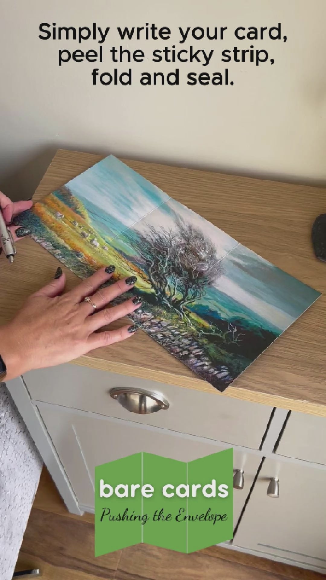 This video is a demonstration of how to use Bare Cards John L Harris Collection Cards which are a self-sealing range of cards that can be repurposed as Artwork to hang on your wall once enjoyed as a greetings card. The video shows how to write, fold, seal and display your card and finishes with it being displayed in a frame on the wall.