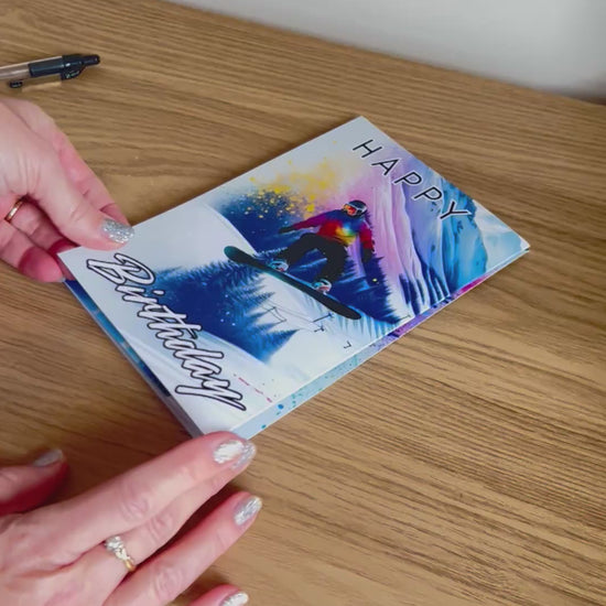 Video shows instructions on how to fold, write, address, stick and send the Push the Limit Snowboarding Trifold birthday card that does not require a separate envelope.