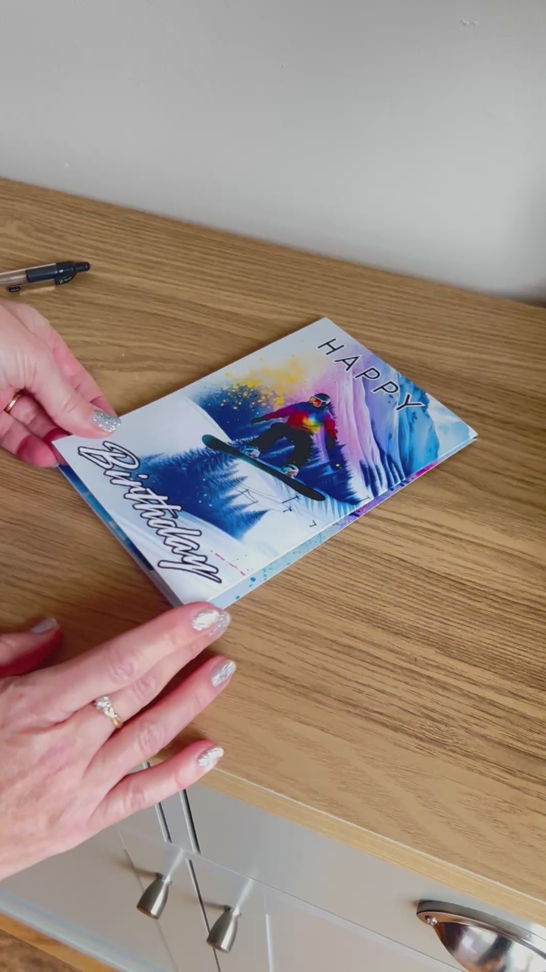 Video shows instructions on how to fold, write, address, stick and send the Push the Limit Snowboarding Trifold birthday card that does not require a separate envelope.