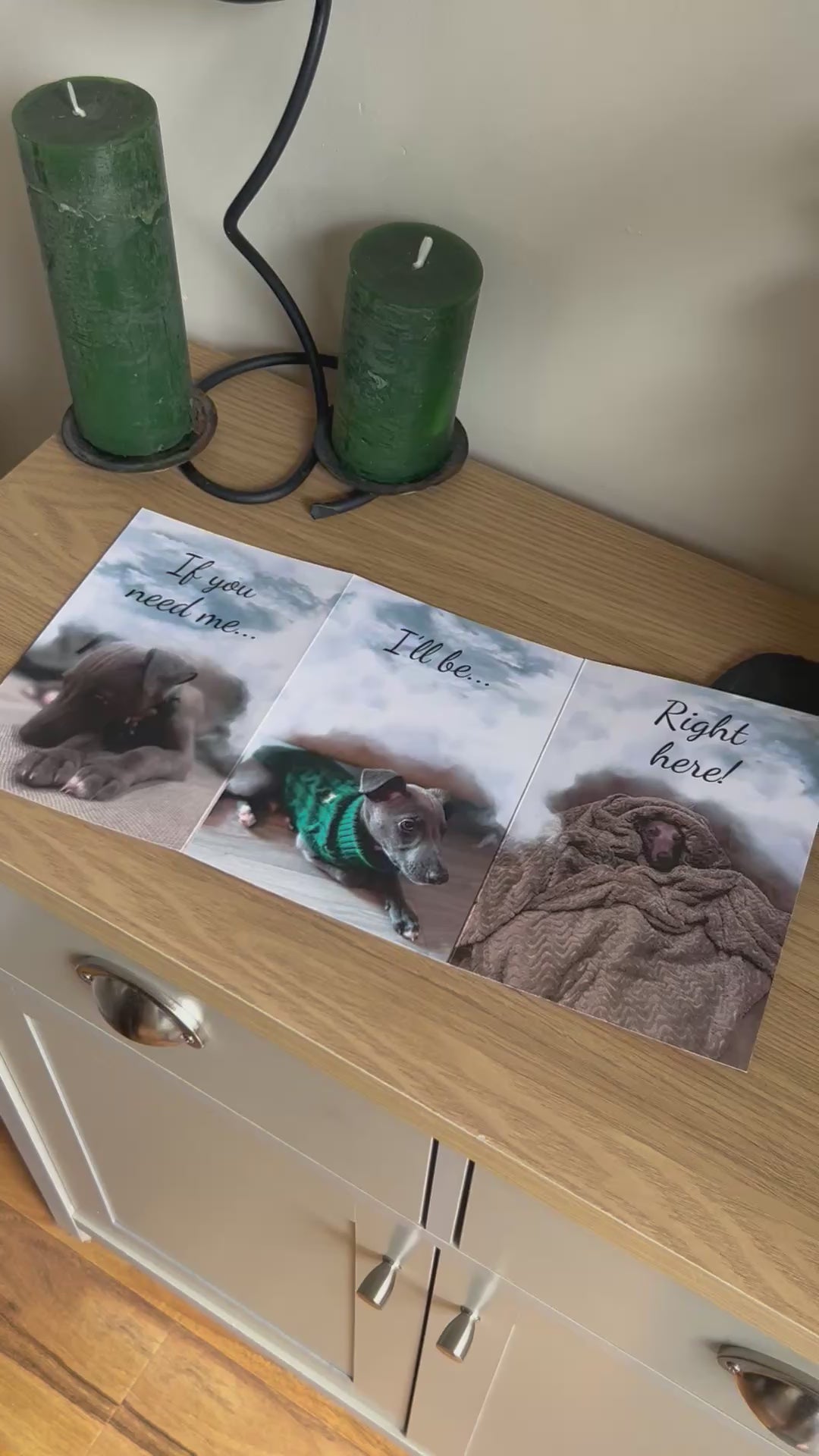 The video shows a demonstration of the Bare Cards Trifold Dog Photo Sentiment Card. The trifold image opens up to show three photographs of a cute whippet puppy looking forlorn under some clouds and the caption "If you need me, I'll be.. Right here!" The video then shows how to fold and seal this unique card to form the built-in envelope depicting sunset over a field of corn.