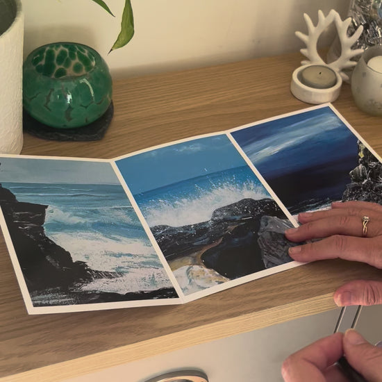 A demonstration video for the self-sealing greetings card 'Waves' from the Sue O'Sullivan Art Collection. The video shows how to write, fold, seal, address, open and display this trifold card.