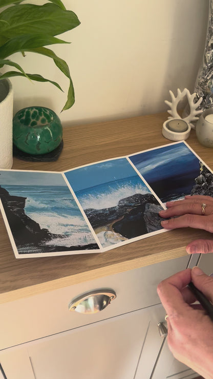 A demonstration video for the self-sealing greetings card 'Waves' from the Sue O'Sullivan Art Collection. The video shows how to write, fold, seal, address, open and display this trifold card.