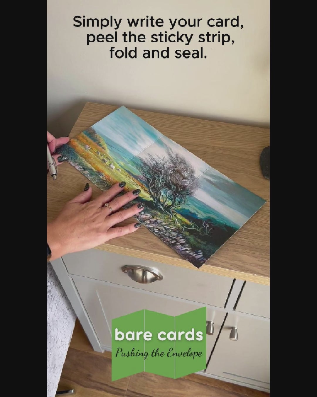 Video shows how to write, fold and seal the Bare Cards art ranges including where to write address and where to affix stamp.