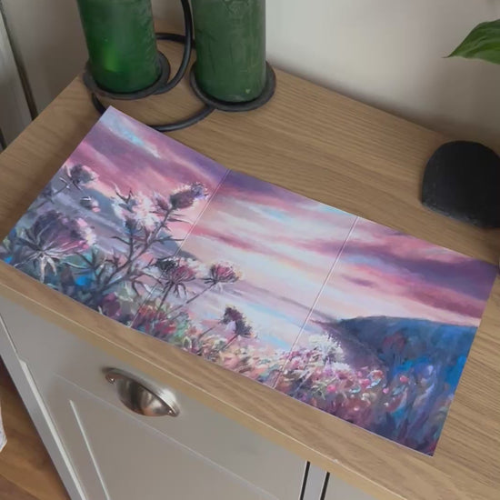 Video shows the self-sealing greetings card from Bare Cards from the John L Harris Collection - a trifold card showing paintings of British Coastal Scenes  - Atlantic Sunset. The Video shows how to fold, seal and write your card.