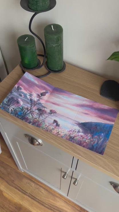 Video shows the self-sealing greetings card from Bare Cards from the John L Harris Collection - a trifold card showing paintings of British Coastal Scenes  - Atlantic Sunset. The Video shows how to fold, seal and write your card.