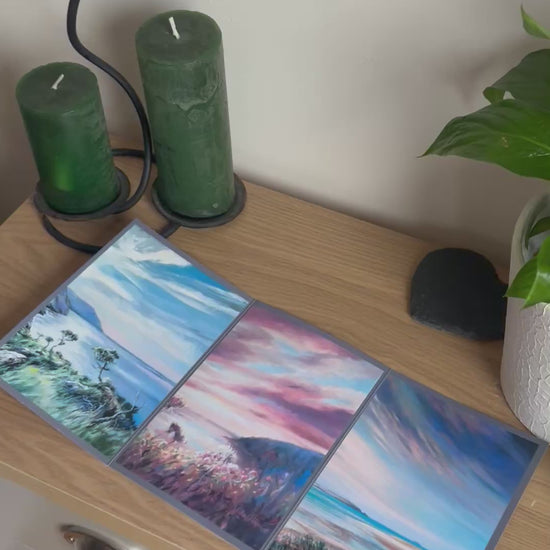 Video shows the self-sealing greetings card from Bare Cards from the John L Harris Collection - a trifold card showing paintings of British Landscapes  - The Setting Sun. The Video shows how to fold, seal and write your card.