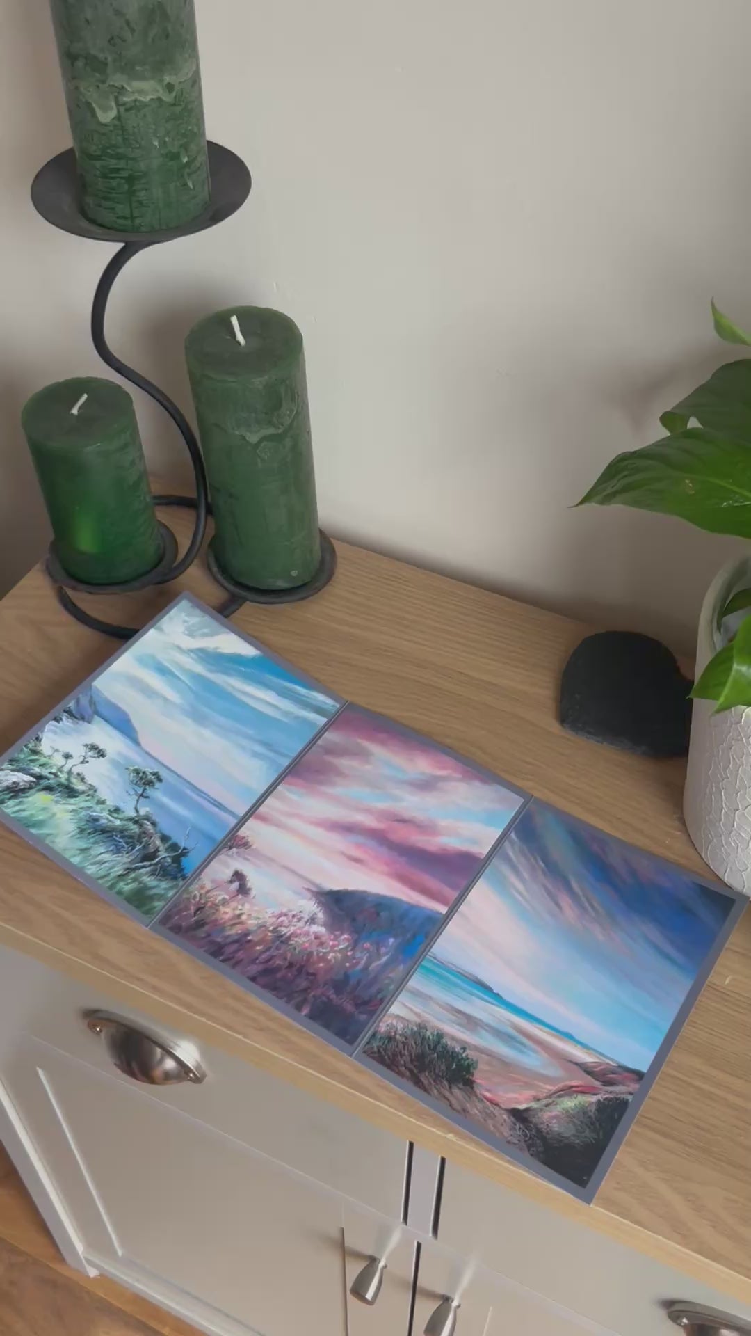 Video shows the self-sealing greetings card from Bare Cards from the John L Harris Collection - a trifold card showing paintings of British Landscapes  - The Setting Sun. The Video shows how to fold, seal and write your card.