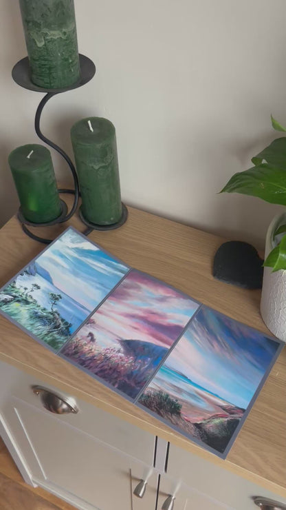 Video shows the self-sealing greetings card from Bare Cards from the John L Harris Collection - a trifold card showing paintings of British Landscapes  - The Setting Sun. The Video shows how to fold, seal and write your card.