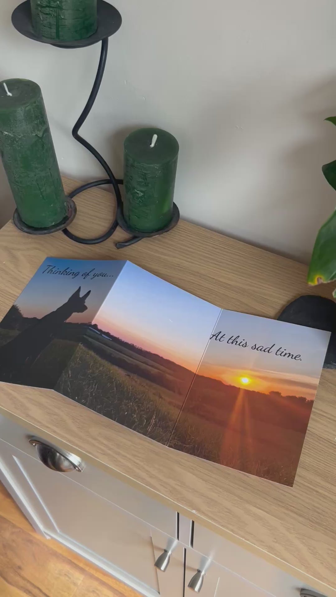 The video shows a demonstration of the Bare Cards Trifold Dog Photo Sentiment Card. The trifold image opens up to show a stunning sunset and a silhouette of a dog looking across the fields and the caption "Thinking of you at this sad time". The video then shows how to fold and seal this unique card to form the built-in envelope depicting sunset over a field of corn.