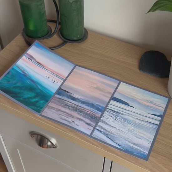 Video shows the self-sealing greetings card from Bare Cards from the John L Harris Collection - a trifold card showing triptych paintings of British Coastal Scenes  - Evening Light at the Beach. The Video shows how to fold, seal and write your card.
