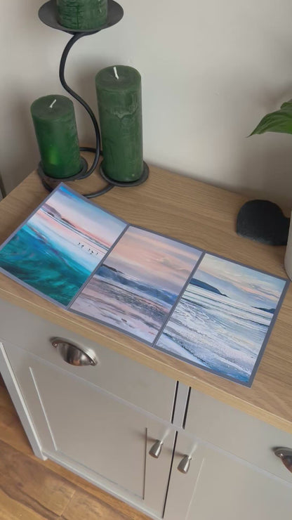 Video shows the self-sealing greetings card from Bare Cards from the John L Harris Collection - a trifold card showing triptych paintings of British Coastal Scenes  - Evening Light at the Beach. The Video shows how to fold, seal and write your card.