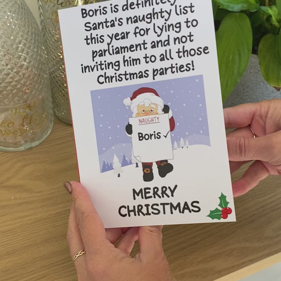 Video of Christmas Card featuring Boris and joke that he's on Santa's naughty list for not inviting him to Christmas Parties and lying to parliament.