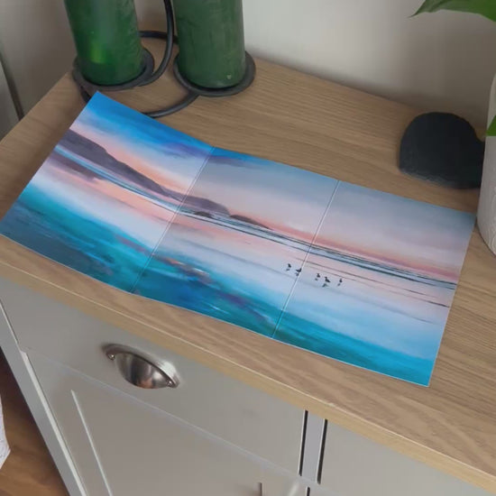 Video shows the self-sealing greetings card from Bare Cards from the John L Harris Collection - a trifold card showing a painting of a British Coastal Scene - Polzeath Sunset. The Video shows how to fold, seal and write your card.