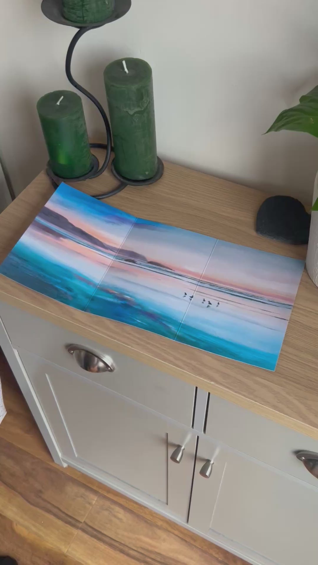 Video shows the self-sealing greetings card from Bare Cards from the John L Harris Collection - a trifold card showing a painting of a British Coastal Scene - Polzeath Sunset. The Video shows how to fold, seal and write your card.