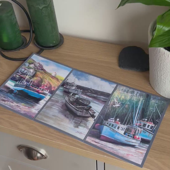 Video shows the self-sealing greetings card from Bare Cards from the John L Harris Collection - a trifold card showing triptych paintings of British Coastal Scenes  - High and Dry. The Video shows how to fold, seal and write your card.