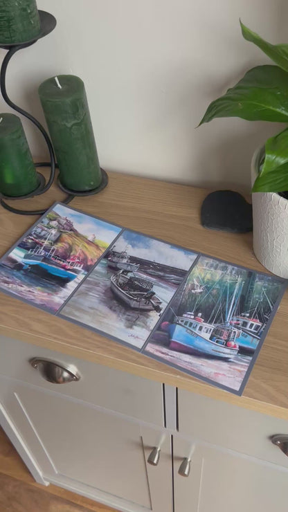 Video shows the self-sealing greetings card from Bare Cards from the John L Harris Collection - a trifold card showing triptych paintings of British Coastal Scenes  - High and Dry. The Video shows how to fold, seal and write your card.