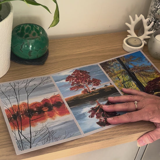 A demonstration video for the self-sealing greetings card 'Autumn Leaves' from the Sue O'Sullivan Art Collection. The video shows how to write, fold, seal, address, open and display this trifold card.
