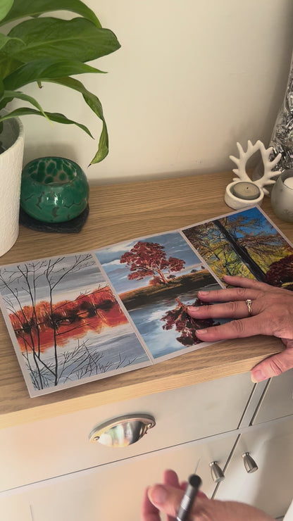 A demonstration video for the self-sealing greetings card 'Autumn Leaves' from the Sue O'Sullivan Art Collection. The video shows how to write, fold, seal, address, open and display this trifold card.