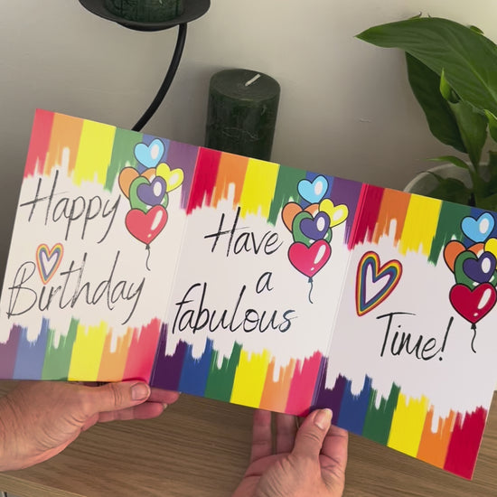 Video shows a demonstration of the Bare Cards Trifold LGBT Birthday Card. Video shows how to fold and seal card to reveal built-in 'envelope' in Pride Flag colours.