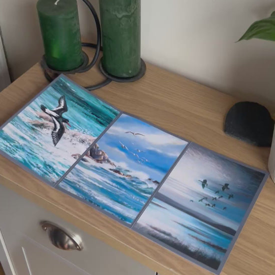 Video shows the self-sealing greetings card from Bare Cards from the John L Harris Collection - a trifold card showing paintings of British Wildlife  - Trio of British Seabirds. The Video shows how to fold, seal and write your card.