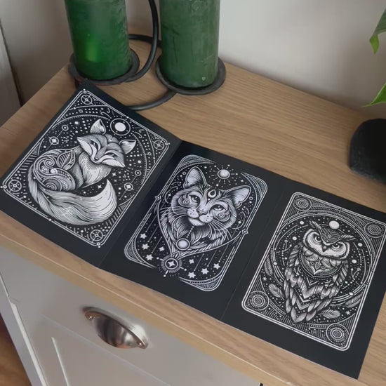 Video shows a demonstration of  how to  fold and seal the Bare Cards Self-Sealing Open Birthday Card in the Portals of Wonder Collection: Tarot Animals