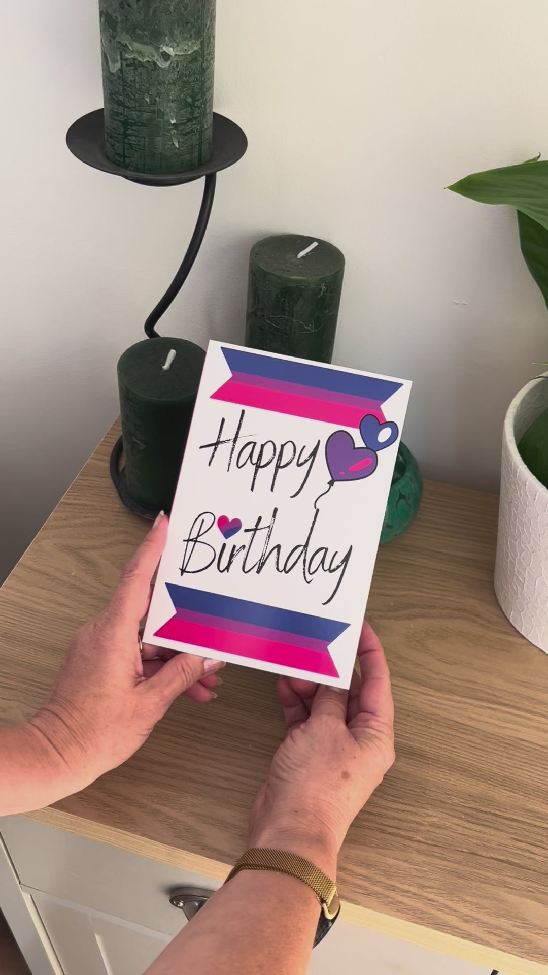 Video shows a demonstration of the Bare Cards Bisexual Birthday Card. Video shows how to fold and seal card to reveal built-in 'envelope' in Pride Flag colours.