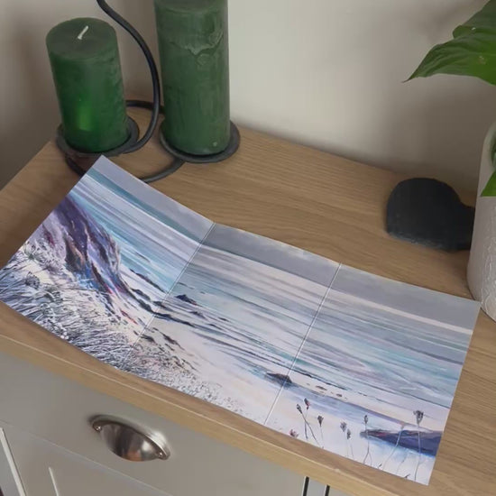 Video shows the self-sealing greetings card from Bare Cards from the John L Harris Collection - a trifold card showing a painting of British Coastal Scenes  - Silvery Sea at Tregardock Beach. The Video shows how to fold, seal and write your card.