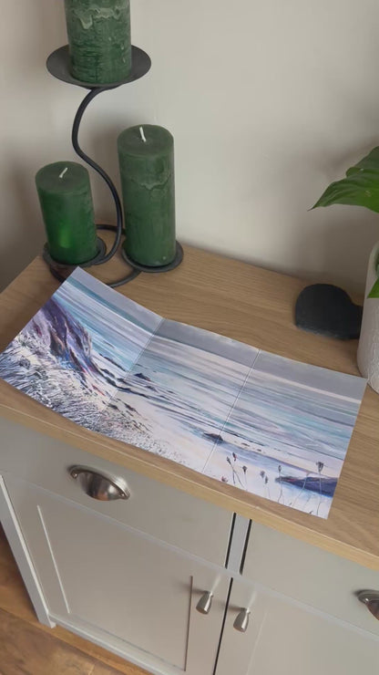 Video shows the self-sealing greetings card from Bare Cards from the John L Harris Collection - a trifold card showing a painting of British Coastal Scenes  - Silvery Sea at Tregardock Beach. The Video shows how to fold, seal and write your card.