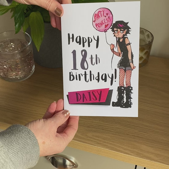 Video demonstrating the Bare Cards Birthday Card for our Goth Girl Personalised Age Range. This card is for a 18th Birthday with the personalisation 'Daisy' as an example. The video demonstrates how this unique card concept works by folding the third leaf around to create the posting page so there is no need for a separate envelope.