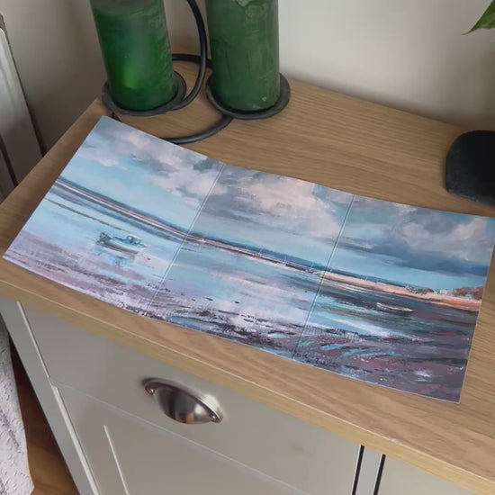 Video shows the self-sealing greetings card from Bare Cards from the John L Harris Collection - a trifold card showing a painting of a British Coastal Scene - Cloud Reflections on the Exe. The Video shows how to fold, seal and write your card.
