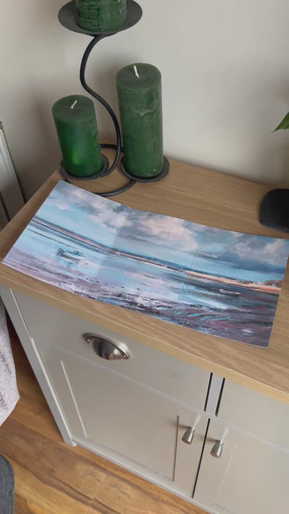 Video shows the self-sealing greetings card from Bare Cards from the John L Harris Collection - a trifold card showing a painting of a British Coastal Scene - Cloud Reflections on the Exe. The Video shows how to fold, seal and write your card.