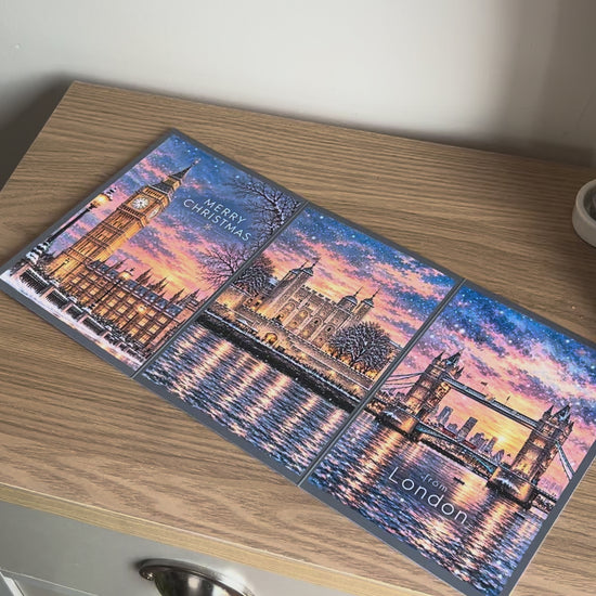 Demonstration Video for the Bare Cards self-sealing Triptych London Christmas Card showing how to write, fold, seal, open and display your card