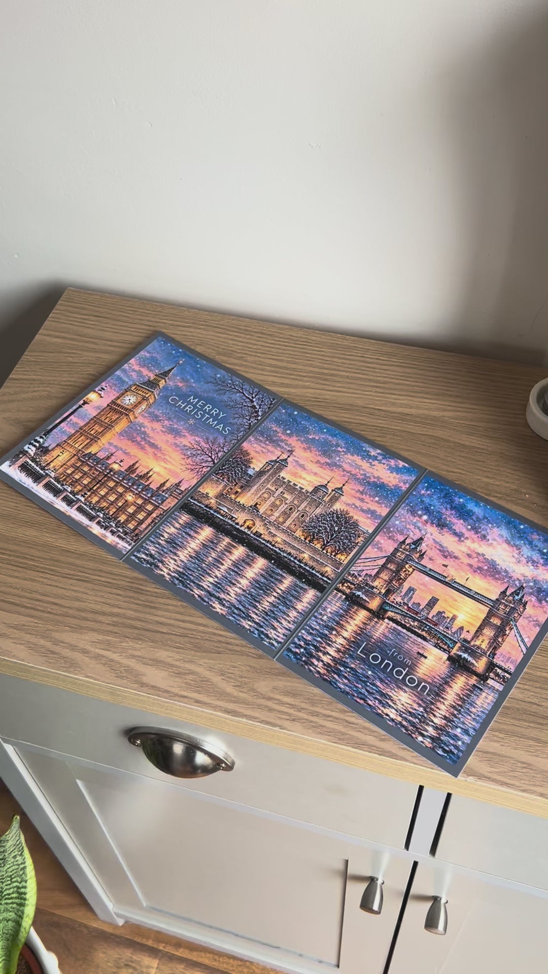 Demonstration Video for the Bare Cards self-sealing Triptych London Christmas Card showing how to write, fold, seal, open and display your card