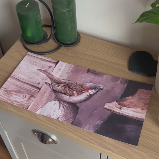 Video shows the self-sealing greetings card from Bare Cards from the John L Harris Collection - a trifold card showing paintings of British Wildlife  - Sparrow at Spirthill Barn. The Video shows how to fold, seal and write your card.