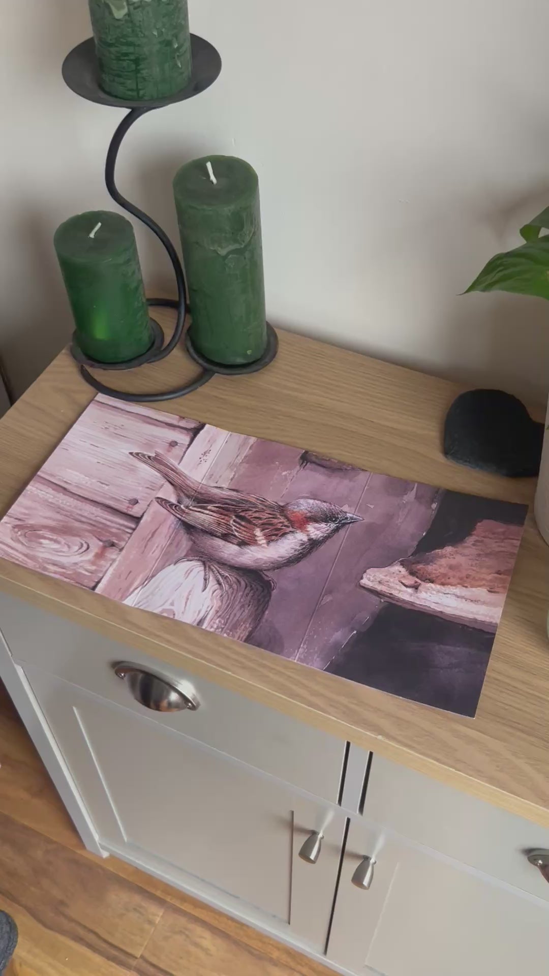 Video shows the self-sealing greetings card from Bare Cards from the John L Harris Collection - a trifold card showing paintings of British Wildlife  - Sparrow at Spirthill Barn. The Video shows how to fold, seal and write your card.