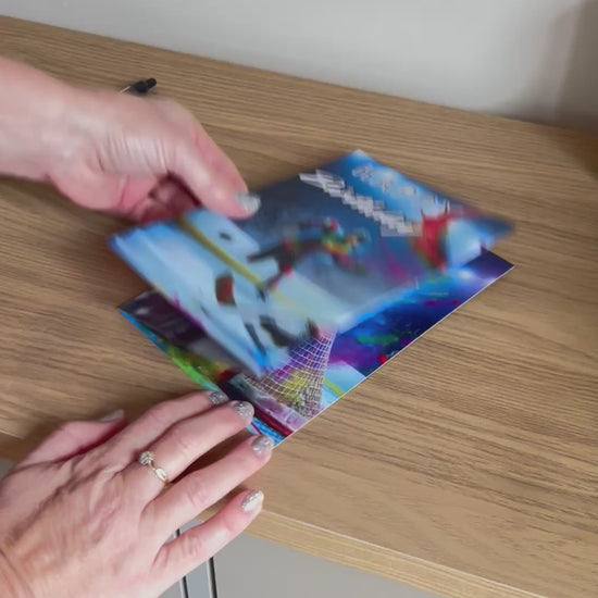 Video shows instructions on how to fold, write, address, stick and send the Push the Limit Ice Hockey Trifold birthday card that does not require a separate envelope.