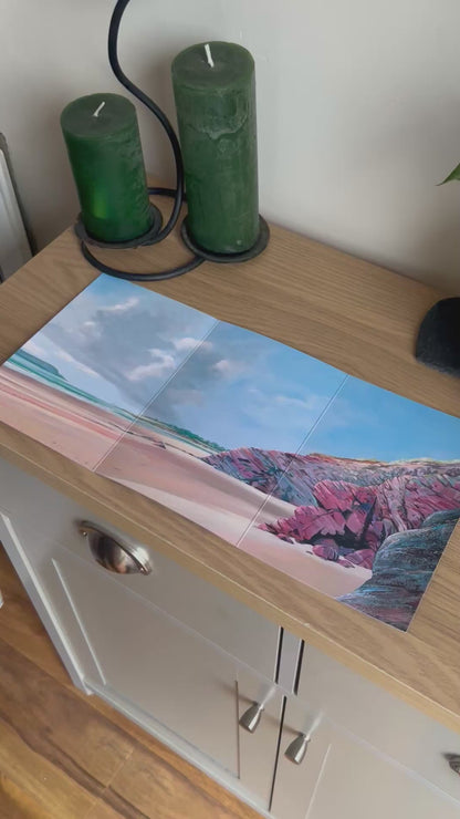 Video shows the self-sealing greetings card from Bare Cards from the John L Harris Collection - a trifold card showing a painting of a British Coastal Scene - Daymer Bay. The Video shows how to fold, seal and write your card.