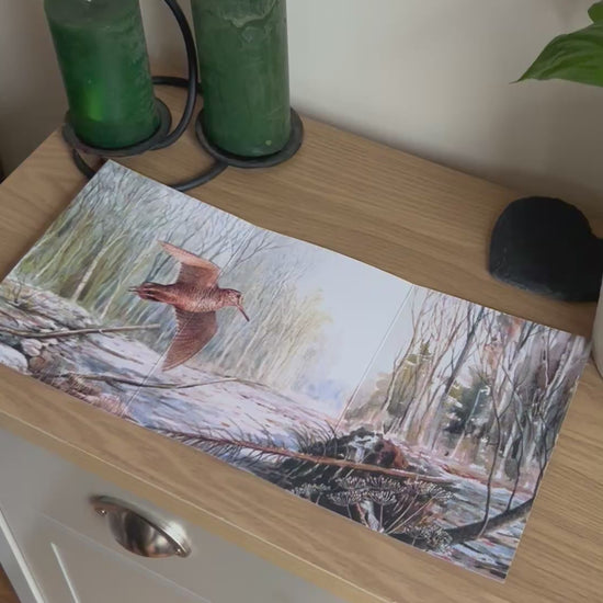 Video shows the self-sealing greetings card from Bare Cards from the John L Harris Collection - a trifold card showing paintings of British Wildlife  - Woodcock in Turnham Wood. The Video shows how to fold, seal and write your card.