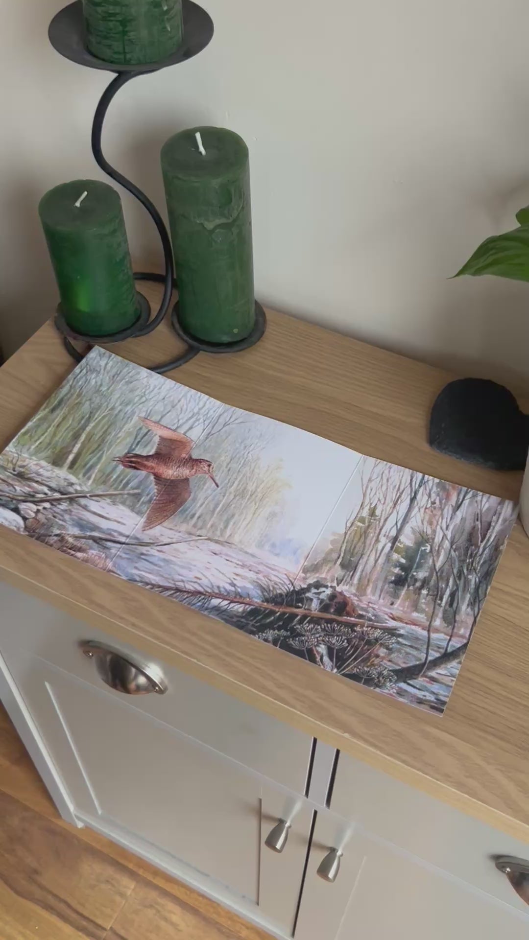 Video shows the self-sealing greetings card from Bare Cards from the John L Harris Collection - a trifold card showing paintings of British Wildlife  - Woodcock in Turnham Wood. The Video shows how to fold, seal and write your card.