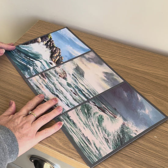 Video shows the self-sealing greetings card from Bare Cards from the John L Harris Collection - a trifold card showing triptych paintings of British Coastal Scenes  - A stiff south-westerly. The Video shows how to fold, seal and write your card.