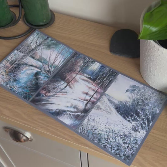 Video shows the self-sealing greetings card from Bare Cards from the John L Harris Collection - a trifold card showing paintings of British Landscapes  - A Smattering of Snow. The Video shows how to fold, seal and write your card.