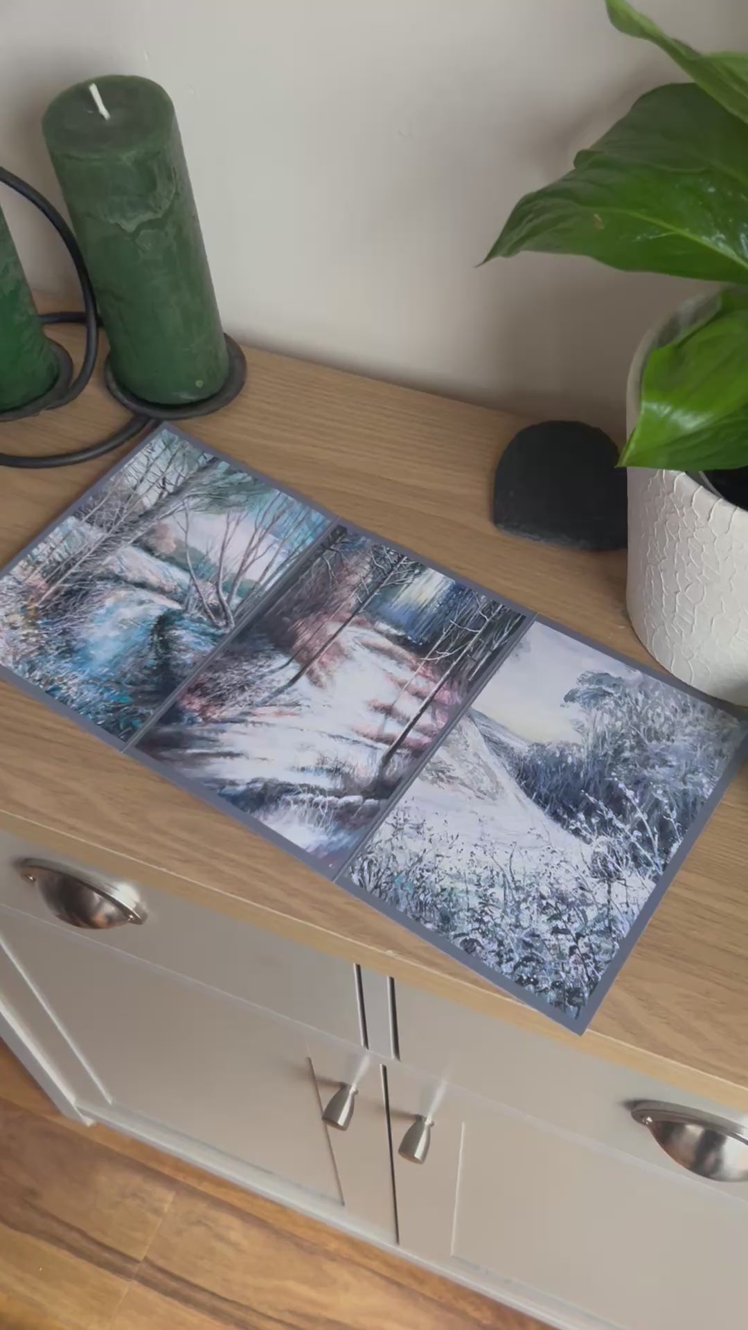 Video shows the self-sealing greetings card from Bare Cards from the John L Harris Collection - a trifold card showing paintings of British Landscapes  - A Smattering of Snow. The Video shows how to fold, seal and write your card.