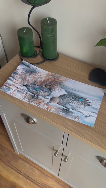 Video shows the self-sealing greetings card from Bare Cards from the John L Harris Collection - a trifold card showing paintings of British Wildlife  - Teal at Shapinsay, Orkney. The Video shows how to fold, seal and write your card.